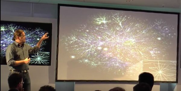 Kai zeigt ein Schema der Vernetzung des Internets, das an die Vernetzungen im Gehirn erinnert